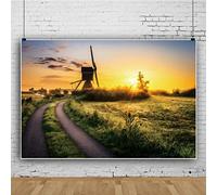 Ttincceer 220x150cm Sunset Grassland telón de Fondo Country Road Golden Sunshine Windmill fotografía Fondo Verde Hierba Paisaje Natural Fondo Estudio Tiro Props