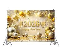 Ttincceer 3.5x2.5m 2026 Feliz Año Nuevo Fondo Dorado Champán Bola de Navidad Brillante Fotografía Fondo Invierno Vacaciones Fiesta de Nochevieja Decoración Retrato Foto Prop