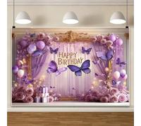 Ttincceer 6x3m Fondo de Mariposa Feliz Cumpleaños para Niñas Globo de Flores Púrpuras Fondos de Fotografía para Fiestas de Cumpleaños Baby Shower Fiestas Decoración Banner