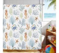 Ttincceer Cortina de ducha náutica costera, diseño de caballo de mar, cangrejo de coral, estrella de mar, concha de mar, cortina de baño con temática oceánica submarina con 12 ganchos para baño, 72 pulgadas de ancho x 72 pulgadas de largo