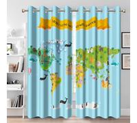 Ttincceer Cortina Opaca diseño de Mapa del Mundo para Dormitorio Infantil diseño de Animales, geografía Divertida, educativa para niños y niñas Aislamiento térmico, 2 Paneles 117x183cm