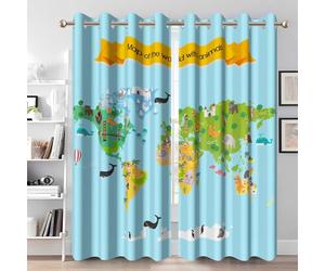 Ttincceer Cortina Opaca diseño de Mapa del Mundo para Dormitorio Infantil diseño de Animales, geografía Divertida, educativa para niños y niñas Aislamiento térmico, 2 Paneles 117x183cm