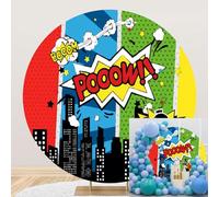 Ttincceer superhéroe Ciudad telón de Fondo 180cm cómic Arquitectura Ciudad Noche Fondo Redondo Cubierta de Dibujos Animados Super Ciudad Boom fotografía Fondo recién Nacido cumpleaños Banner