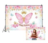Ttincceer Telón de Fondo Feliz cumpleaños 1.5x1m Acuarela Rosa Mariposa Flores fotografía Fondo Oro Brillante Corona Puntos niña cumpleaños fotografía Telón de Fondo Estudio Foto Accesorios
