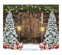 Ttincceer Telón de Fondo Feliz Navidad 350x250cm - Árbol y Fondo Invierno, Granero, Puerta de Madera, Copo de Nieve - Fotografía Año Nuevo, Decoración de Fiesta Banner