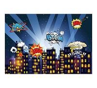 Ttincceer Telón de Fondo Superhero City 300x200cm Comics Night Cityscape Starry Star Boom Fondo de fotografía Super Hero Theme Little Boy Fondo de fotografía de cumpleaños Studio Photo Prop