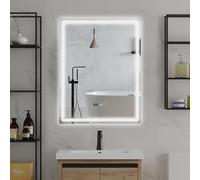 TTISJHK Espejo de baño LED 70 x 90 cm regulable con antivaho, 3 colores de luz y brillo continuo, espejo de pared moderno con indicador de tiempo y temperatura, función de memoria, IP54 resistente al