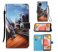TTNAO Funda para Samsung Galaxy A42 5G Cartera Tapa Ranura patrón Cuero PU Carcasa Función Soporte Absorción Golpes Case+1*Protector de Pantalla-Tejido Liso(Gato Espejo)
