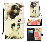 TTNAO Funda para Samsung Galaxy A42 5G Cartera Tapa Ranura patrón Cuero PU Carcasa Función Soporte Absorción Golpes Case+1*Protector de Pantalla-Tejido Liso(Gato Mirando El Uno Al Otro)