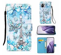 TTNAO Funda para Xiaomi Redmi Mi 11 Cartera Tapa Ranura patrón Cuero PU Carcasa Función Soporte Absorción Golpes Case+1*Protector de Pantalla-Tejido Liso(Torre-Mariposa)