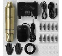 TTOOGO Kit completo de máquina de tatuaje rotativo - Kit de pluma de tatuaje con pluma de tatuaje, fuente de alimentación, pedal de pie, 10 cartuchos, accesorios para el lado de la sombra,Oro