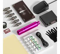 TTOOGO Kit de máquina de tatuajes rotativos con pluma de tatuaje, fuente de alimentación, 10 cartuchos, tinta de 10 colores, pedal de pie, para artistas de tatuajes profesionales,Rosado