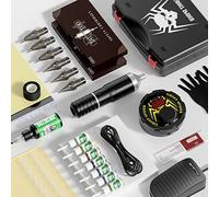 TTOOGO Kit de pluma de tatuaje rotativo con fuente de alimentación, 20 cartuchos, 7 colores de tinta, pedal, vendaje, práctica de piel, caja de transporte,Plata
