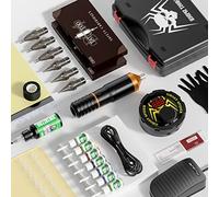 TTOOGO Kit de pluma de tatuaje rotativo con fuente de alimentación, 20 cartuchos, 7 colores de tinta, pedal, vendaje, práctica de piel, caja de transporte,Oro