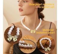 TTPSRY 2 Piezas Conjunto Joyas Perlas Lazo Dorado Collar Pulsera Elegante Adorno Mujer Accesorios Joyería