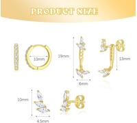 TTPSRY 3 Pares Pendientes Mujer Cristal Brillante Aros Pequeños Ear Jacket Circonita Elegante Joyería Delicada Dorado