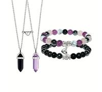 TTPSRY 4 Piezas Conjunto Pulsera Collar Piedra Natural Magnético Colgante Luna Cristal Hexagonal Pareja Amuleto