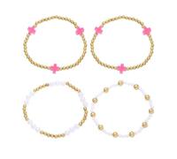 TTPSRY 4 Piezas Pulseras Elásticas Cruz Turquesa Cuentas Doradas Conjunto Brazaletes Apilables Perlas Blancas Adorno Muñeca Femenino