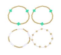 TTPSRY 4 Piezas Pulseras Elásticas Cruz Turquesa Cuentas Doradas Conjunto Brazaletes Apilables Perlas Blancas Adorno Muñeca Femenino