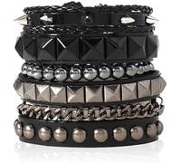 TTPSRY 4 Piezas Pulseras Hombre Cuero Punk Tachuelas Metálicas Brazalete Gótico Cadena Ajustable Conjunto Masculino