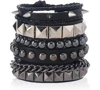 TTPSRY 4 Piezas Pulseras Hombre Cuero Punk Tachuelas Metálicas Brazalete Gótico Cadena Ajustable Conjunto Masculino