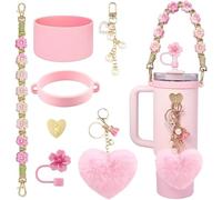 TTPSRY 7 Piezas Botella Agua Térmica Acero Inoxidable Pajita Reutilizable Correa Floral Decorativa Corazón Peluche Llavero Perla Accesorios Termo