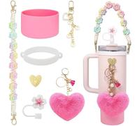 TTPSRY 7 Piezas Botella Agua Térmica Acero Inoxidable Pajita Reutilizable Correa Floral Decorativa Corazón Peluche Llavero Perla Accesorios Termo