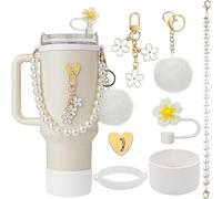 TTPSRY 7 Piezas Conjunto Decorativo Vaso Termo Pajita Floral Perlas Llavero Accesorios Colgantes Pompón Elegante Cadena Portátil