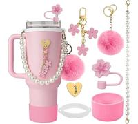 TTPSRY 7 Piezas Conjunto Decorativo Vaso Termo Pajita Floral Perlas Llavero Accesorios Colgantes Pompón Elegante Cadena Portátil