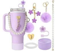 TTPSRY 7 Piezas Conjunto Decorativo Vaso Termo Pajita Floral Perlas Llavero Accesorios Colgantes Pompón Elegante Cadena Portátil