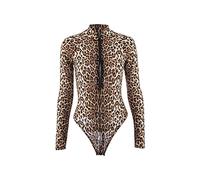 TTPSRY Body de cuello alto para mujer, body de manga larga, suave, elástico, estampado de leopardo, corte ajustado, sexy, cuello de pico, cremallera frontal, leotardo, ropa perfecta para ropa informal