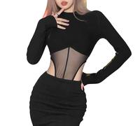 TTPSRY Body Mujer Manga Larga Cuello Alto Elegante Malla Negro Sólido Jumpsuit Leotardo Una Sola Pieza Shapewear Cálida Tops Otoño Invierno