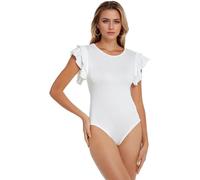 TTPSRY Body Mujer Sexy Doble Volante Manga Corta Cuello Redondo Elegante Bodysuit Verano Leotard Tops Color Sólido para Fiesta Club (Blanco/S)