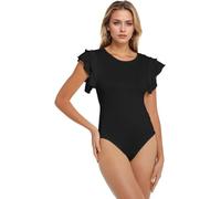 TTPSRY Body Mujer Sexy Doble Volante Manga Corta Cuello Redondo Elegante Bodysuit Verano Leotard Tops Color Sólido para Fiesta Club (Negro/S)
