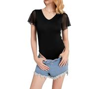 TTPSRY Body Mujer Sexy Manga Corta Elegante con Mangas de Malla Cuello Cuadrado Elástico Bodysuit Ropa Interior Jumpsuit Mono Color Sólido Leotardo Clubwear （Negro-S）