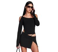 TTPSRY Camiseta Sexy de Mujer Manga Larga Tops con Hombros Descubiertos Tops Irregulares Casual Tshirt Color Sólido Blusa Slim Short Moda (FR/ES, Letras, L, Regular, Regular, Negro)