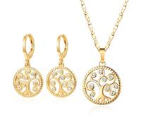 TTPSRY Conjunto Joyas Árbol Vida Redondo Colgante Collar Pendientes Cristales Multicolor Acero Inoxidable Dorado Mujer