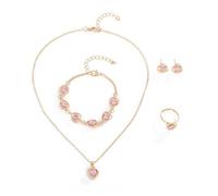 TTPSRY Conjunto Joyas Corazón Cristal Brillante Collar Pulsera Pendientes Anillo Accesorios Mujer Elegante Cadena Dorada Ajustable