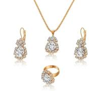 TTPSRY Conjunto Joyas Lágrima Cristal Brillante Collar Pendientes Anillo Mujer Boda Fiesta Elegante Ajustable Dorado