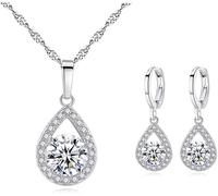 TTPSRY Conjunto Joyas Mujer Lágrima Cristal Brillante Collar Pendientes Circonita Plateado Elegante