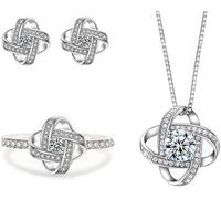 TTPSRY Conjunto Joyas Nudo Celta Cristal Brillante Collar Pendientes Anillo Plata Elegante Adornos Mujer Accesorios