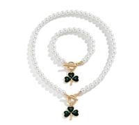 TTPSRY Conjunto Joyas Trébol Perlas Collar Pulsera Elegante Adorno Mujer Colgante Brillante Cierre Dorado
