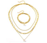 TTPSRY Conjunto Joyería Collar Multicapa Cadena Eslabones Pulsera Perla Acero Inoxidable Ajustable Elegante Mujer