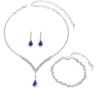 TTPSRY Conjunto Joyería Gota Lágrima Cristal Azul Collar Pendientes Pulsera Brillantes Rhinestone Plateado Elegante