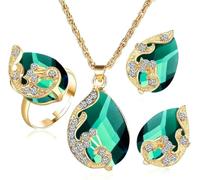 TTPSRY Conjunto Joyería Lágrima Cristal Pavo Real Elegante Collar Pendientes Anillo Adornos Brillantes Dorado