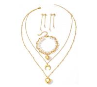 TTPSRY Conjunto Luna Corazón Perla Pendientes Pulsera Collar Joyería Acero Inoxidable Mujer Elegante Brillante Ajustable