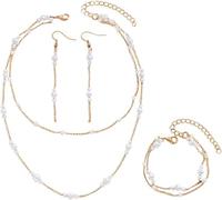 TTPSRY Conjunto Pendientes y Collar Mujer Perlas Dorado Elegante Pulsera Multicapa Joyería Set Accesorios Regalo Cadenas Finas Pendientes Largos