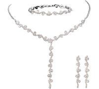 TTPSRY Conjunto Pendientes y Collar Mujer Plata Cristales Brillantes Juego de Joyería Elegante Pulsera a Juego Accesorios para Boda Fiesta Ceremonia Regalo