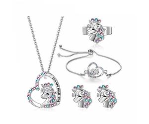 TTPSRY Conjunto Pendientes y Collar Unicornio Corazón Plata Joyería Infantil Niña Adolescente Accesorios Moda Brillantes Pulsera Anillo Conjunto Collar y Pendientes(Plata1)