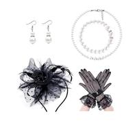TTPSRY Conjunto Tocado Floral Plumas Guantes Encaje Collar Pulsera Perlas Accesorios Nupciales Elegantes Complementos Ceremonia Velo Adorno Cabeza